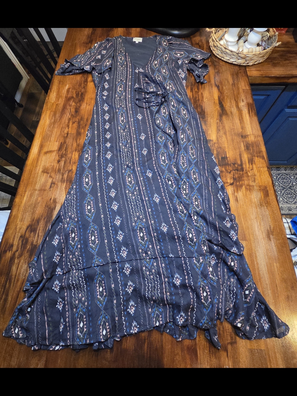 Haute Hippie Tribe Navy Blue Tribal Print Wrap Midi Dress Size Medium Western